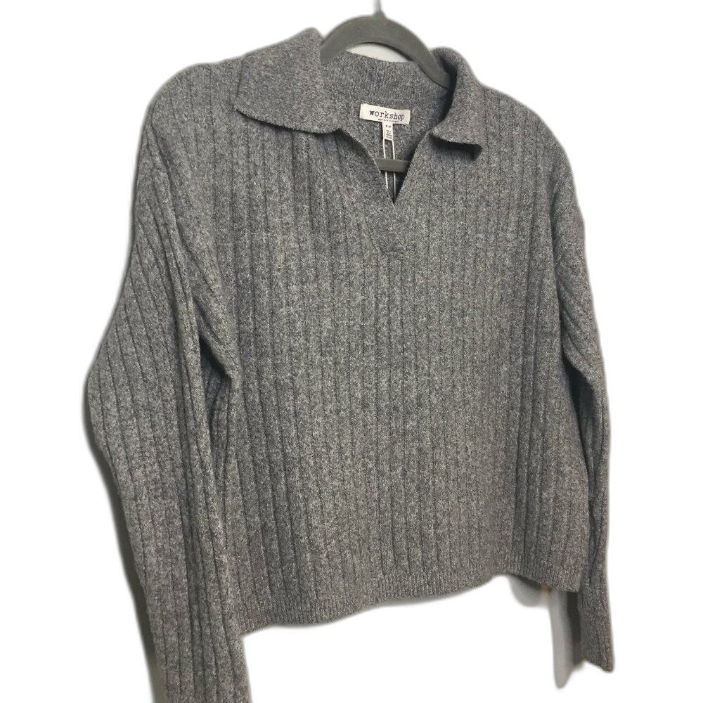Cropped Grey Ribbed Polo Collar Knitwear Sweater | Workshop Republic Clothing |